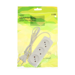 Цена за 2 шт. Удлинитель Luazon Lighting ECO, 3 розетки, 1.5 м, 6 А, 1300 Вт, ШВВП 2×0.75 мм2, без заземления, белый