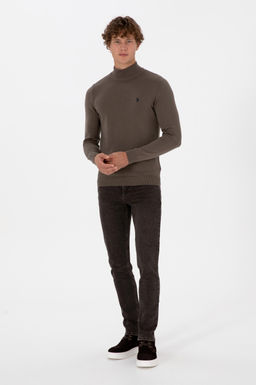 Erkek Slim Fit Bo_azl_ Vizon Basic Kazak