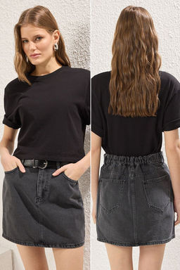 TRENDYOLMILLA Mavi More Sustainable Beli Lastikli Mini Denim Etek TWOSS25ET00134