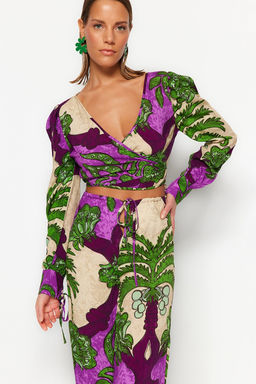 Tropikal Desenli Dokuma Plaj Yuksek Bel Bluz-Pantolon Tak?m TBESS23AU00103 - Trendyolmilla фото 3