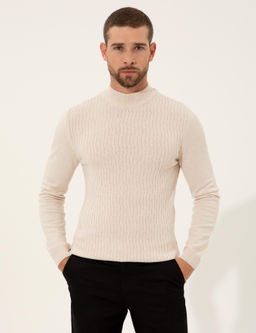 Ekru Slim Fit Yar_m Bal_k__ Yaka Triko Kazak