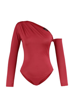 Bordo Asimetrik Yaka Uzun Kollu Esnek Alttan C?tc?tl? Orme Body TWOAW22BD0080