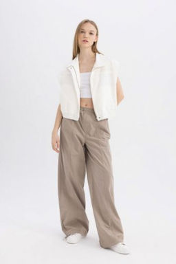 Poplin Pantolon Wide Leg Cift Cepli Yuksek Esnek Belli Standart Boy Ayarlanabilir Lastikli Paca