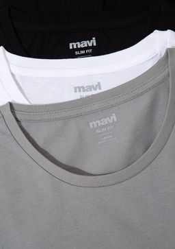 3lu Bisiklet Yaka Erkek Basic Tisort - Mavi фото 12