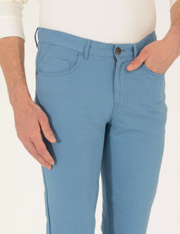 Koyu Mavi Slim Fit Keten Kar___ml_ Kanvas Pantolon