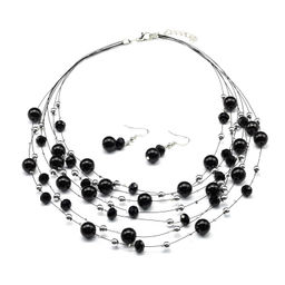 Воздушное колье и серьги 7нитей из майорки и циркона цв.черный, 45см