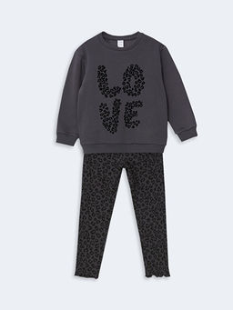 Bisiklet Yaka Leopar Desenli K?z ?ocuk Sweatshirt ve Tayt 2li