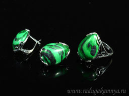 Кольцо Серьги с малахитом имитация размер 19