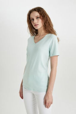 Slim Fit Dar Kesim V Yaka Ribana Basic Duz %100 Pamuk K?sa Kollu Tisort