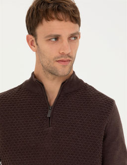 Kahverengi Slim Fit Fermuarl_ Dik Yaka Triko Kazak - Pierre cardin фото 2
