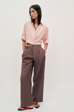 CAMISA CORTA CON LINO / rosa claro