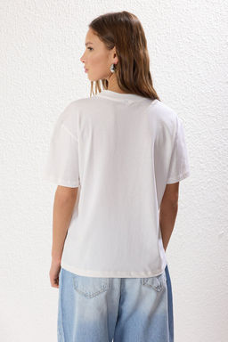 Ekru-Mavi 2li Paket %100 Pamuk Basic Dik Yaka Orme T-Shirt TWOSS20TS1500