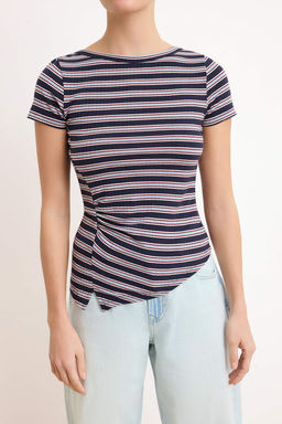 Lacivert Cizgili Fitted/Vucuda Oturan K?sa Kollu Buzgulu Fitilli Esnek Orme Bluz TWOSS26BZ00377