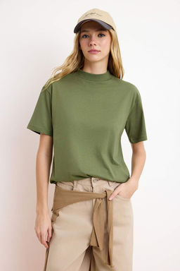 Kahverengi-Haki 2li Paket %100 Pamuk Basic Dik Yaka Orme T-Shirt TWOSS20TS1500