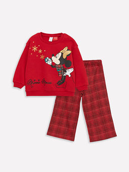Bisiklet Yaka Uzun Kollu Minnie Mouse Bask?l? K?z Bebek Sweatshirt ve Pantolon 2li Tak?m
