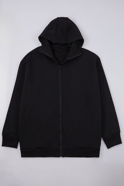 TRENDYOL MAN Buyuk Beden Siyah Oversize/Genis Kesim Fermuarl? Kapusonlu Pamuklu Sweatshirt TMNAW25AO00029