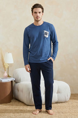 Lacivert Regular Fit Bask?l? Orme Pijama Tak?m? TMNAW26PT00081