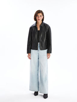 G?mlek Yaka Kad?n Deri G?r?n?ml? Ceket