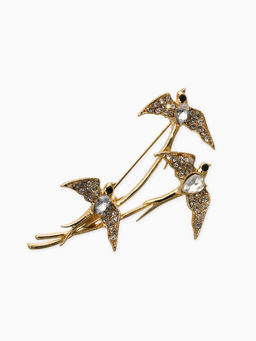Брошь «Три ласточки», белая в золоте