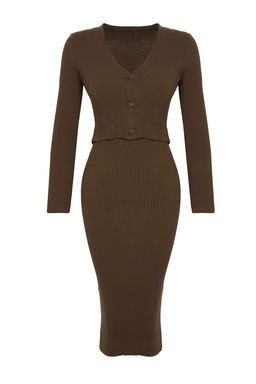 TRENDYOLMILLA Pembe Vucuda Oturan Midi Triko H?rka Elbise Tak?m TWOSS21EL0208 фото 54