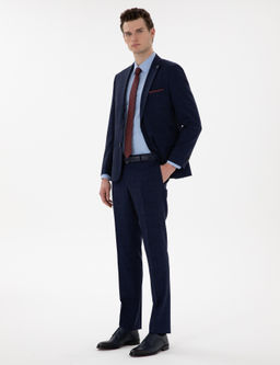 Lacivert Slim Fit Y_n Keten Kar___ml_ Tak_m Elbise