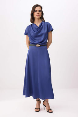 Petrol Saten Degaje Yaka Kemerli Midi Dokuma Elbise TWOSS26EL00351 - Trendyolmilla фото 2