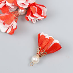 Декор текстиль Цветок 2 с жемчужиной. Красный и белый, набор 6 шт., 3 см