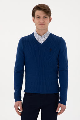 Erkek Slim Fit V Yaka _ndigo Basic Kazak