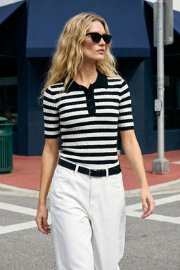 Siyah*001 Basic Polo Yaka T-Shirt Gorunumlu Ince Bluz TWOSS20BZ0112