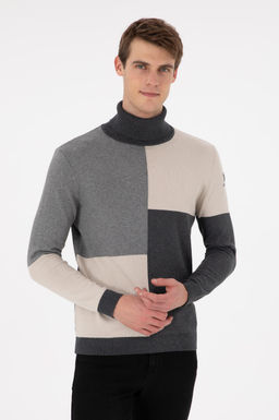 Erkek Slim Fit Yar_m Bal_k__ Yaka Koyu Ye_il Kazak