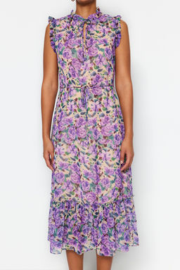 Cok Renkli Cicek Desenli A-Kesim Midi Astarl? Sifon Dokuma Elbise TWOSS23EL01840