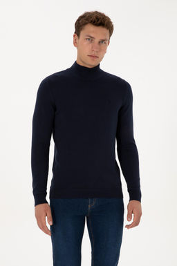 Erkek Slim Fit Yar_m Bal_k__ Yaka Lacivert Basic Kazak