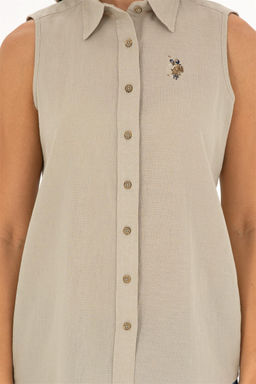 U. S. Polo Assn / Женская льняная рубашка светло-хаки с коротким рукавом - U.s. polo assn фото 6