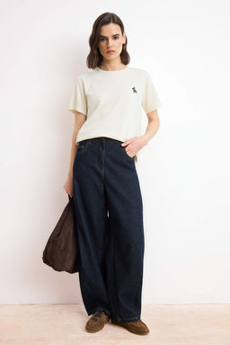 Ekru Oversize/Genis Kal?p Nak?sl? K?sa Kollu %100 Pamuk Orme T-Shirt TWOSS26TS00218 - Trendyolmilla фото 2