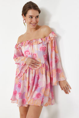 TRENDYOLMILLA Bridal Ekru A-Kesim Astarl? Volanl? Dokuma Sifon K?sa Dugun/Nikah S?k Abiye Elbise TPRSS23EL00096 фото 44