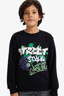 Bisiklet Yaka Bask_l_ __i Yumu_ak T_yl_ Sweatshirt Erkek _ocuk