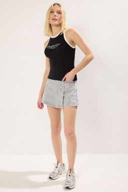 Siyah*001 Bask?l? Halter Yaka Kontrast Biye Detayl? Fitilli Esnek Orme Atlet TWOSS24AL00027