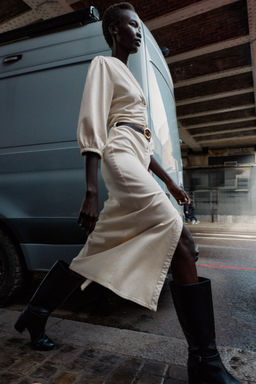 MIDI DRESS WITH PUFF SLEEVES AND BELT