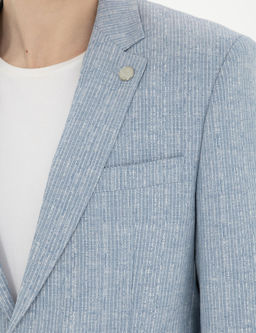 A__k Mavi Slim Fit Keten Kar___ml_ _izgili Tak_m Elbise