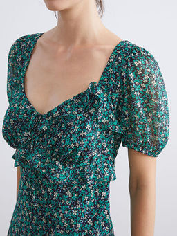 Kalp Yaka ?i?ekli Balon Kollu Elbise