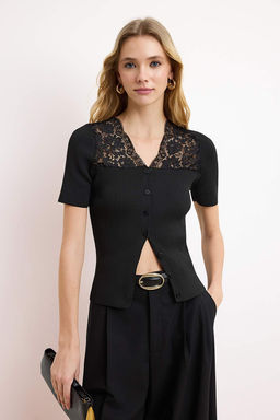 Siyah Dantel Detayl? Fitilli Triko Bluz TWOSS26BZ00124