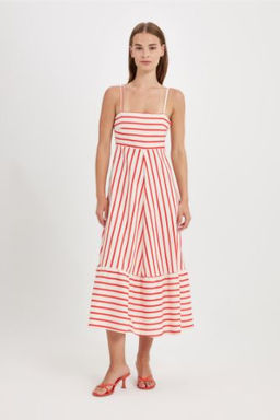 Babydoll Kare Yaka Desenli Pamuklu Ask?l? Midi Elbise