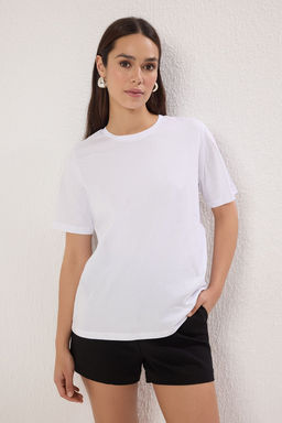 Beyaz-Beyaz Basic %100 Pamuk Bisiklet Yaka 2li Paket Orme T-Shirt TWOSS20TS0141