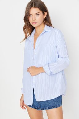Mavi Cizgili Cep Detayl? Oversize/Genis Kal?p Dokuma Gomlek TWOAW23GO00359