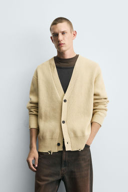 CARDIGAN WITH DISTRESSED RIBBED TRIMS