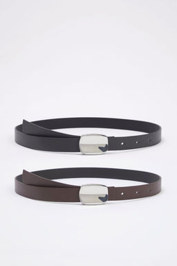 Trendyolmilla Siyah-Kahverengi 2li Paket Deri Gorunumlu Kad?n Kemer TWOSS25KE00014