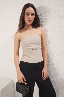 Trendyolmilla Kahverengi Straplez Fitted Ince Sus Kemer Detayl? Dokuma Bluz TWOSS25BZ00421  фото 16