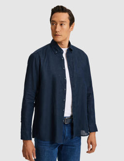 Lacivert Regular Fit Yakas_ D__meli Saf Keten G_mlek