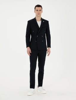 Lacivert Ekstra Slim Fit _izgili Kruvaze Tak_m Elbise