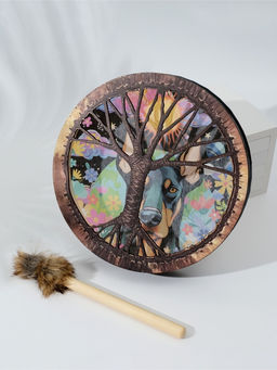 Шаманский бубен Доберман в цветах, музыкальный инструмент, с колотушкой, 5?25?25 см